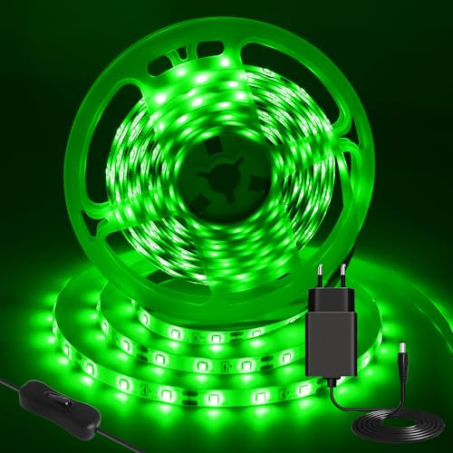 iNextStation 12V LED Streifen Grün, 5M/300 LEDs SMD 2835 Schneidbar LED Strip IP65 Wasserdichtes Selbstklebend LED Leiste Band für DIY Innen Küche Weihnachten Deko, Mit Netzteil