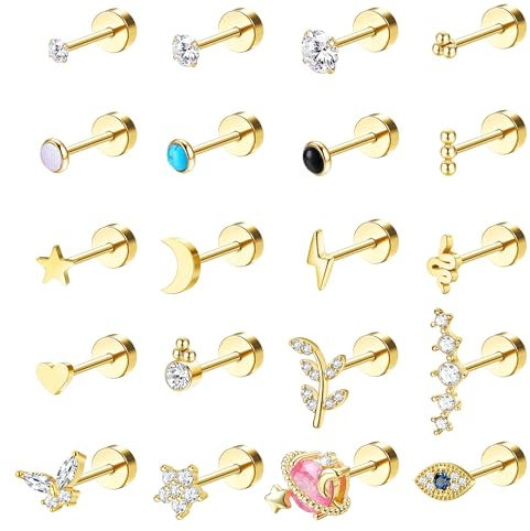 LOLIAS 14K Gold Studs Earrings for Women Men Flat Back Stud Earrings Gold Hypoallergenic Surgical Steel Earrings Set Star Moonstone CZ Screwback Earrings Cartilage Ear Piercing 20G