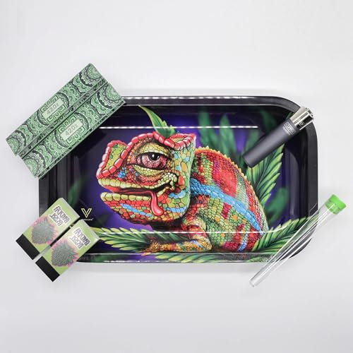 Chameleon Large Rolling Tray Set - Chamäleon Mischeschale Stoner Kit/Kiffer Box mit Feuerzeug, Longpapers, Filter Tips und Joint Tube - perfektes Kiffergeschenk!