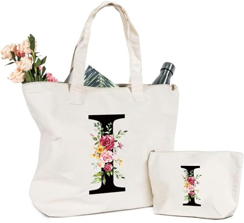 Tragetasche und Kosmetiktasche mit Initial, Canvas Einkaufstasche mit Reißverschluss, Personalisiert Initialen Baumwolltasche Geschenk für Freundin Frau Mama Schwester Geburtstag Hochzeit Muttertag I