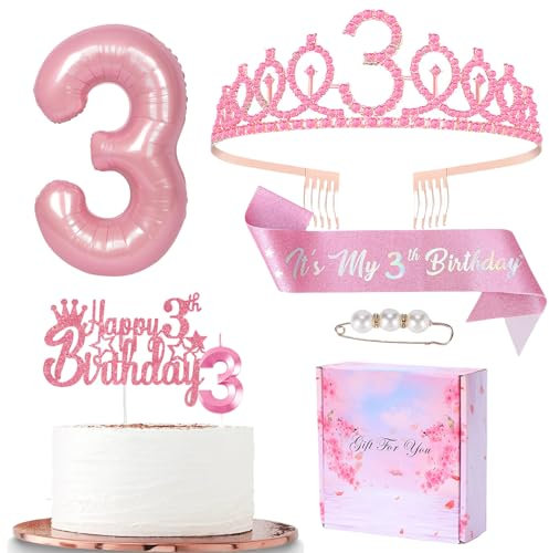 Pink 3rd Birthday Decorations - Sash, Tiara, Crown, Candle Cake Topper & Foil Balloon Set