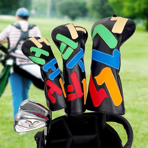Set di 3 coperture per mazze da golf in legno, 1FH DR FW UT per driver Fairway Hybrid con chiusura elastica n. Tag, in pelle sintetica nera, testo multicolore