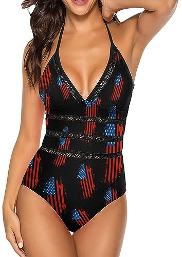 Vintage Meccanico Bandiera USA Costume Da Bagno Regolabile Donne Scollo A V Costume Da Bagno Un Pezzo Costumi Da Bagno Controllo Pancia Indietro Tie 2XL