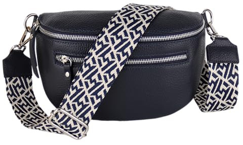MIRROSI® Damen Bauchtasche Umhängetasche 27x14,5x8cm Damen, Made in Italy, aus Echtleder Tasche Echtes Leder, Brusttasche, Crossbody Bag,Bohemian Style (1 Tasche 2 Gurte) (Navy Netz)