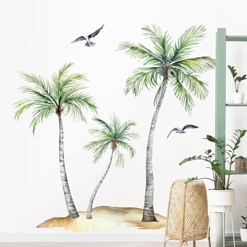 Supzone Stickers Muraux Palmiers & Mouettes Autocollant Mural Tropical avec Oiseaux Marins - Déco Murale Amovible sans Trace pour Chambre/Salle de Jeux - Décoration Plage Élégante