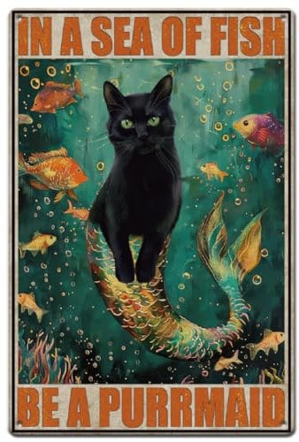 SUPERDANT Katze Blechschild Fisch Metallschild Meerjungfrau Schwarze Katze Retro Blechschilder Deko Fisch Meer Eisenblechgemälde Metallschilder Für Bar Wohnzimmer Badezimmer Metallplakette