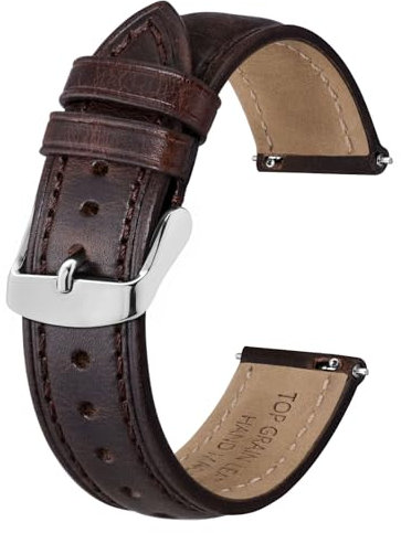 BISONSTRAP Retro Leder Uhrenarmband für Herren, Ersatzarmband aus Ölgewachstem Kalbsleder, Schnellverschluss, 18mm, Kaffeebraun (Silberne Schnalle)