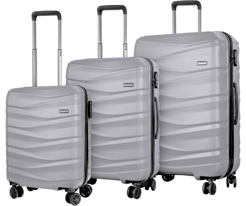 HANSEKOFFER Koffer Set 3 teilig · Reisekoffer mit Rollen · Hartschalenkoffer Set mit Zahlenschloss · Trolleys Handgepäck, Mittelgroß & Groß · Leicht · Silber
