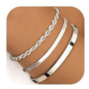 Finrezio 3-5 Bracelets Argent pour Femme Acier Inoxydable Plaqué Or 14 Carats Bracelets Empilables Figaro Chaîne Perles à Maillons Réglables Ensemble Bracelets étanches Bijoux Or Argent pour Femme