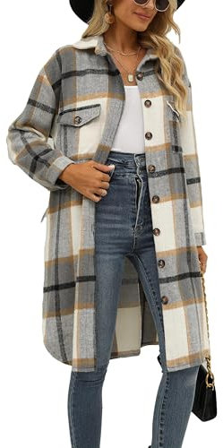 Jhsnjnr Veste à carreaux en flanelle pour femme, surdimensionnée, manches longues, revers boutonné, chemise à carreaux, en coton, veste longue, abricot kaki, S