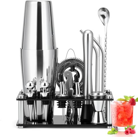 Cinnani 750ML Boston Juego de Coctelera con soporte,15 Piezas Juego de Coctéles de Acero Inoxidable,Set Cocteleria Profesional,Bartender Set de Cóctel de Acero Inoxidable，Kit Cocktail de Barman