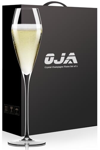 Champagne Flutes Glasses Set of 2, Hand Blown Crystal Wedding Flutes Glass, Ideal for Weddings, Anniversaries, Christmas, Special Days, 10.5 inch, 7.5 oz, Clear