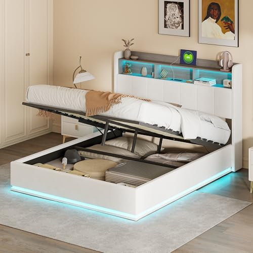 VixorLuilith Polsterbett 140x200cm, LED modernes Doppelbett, Kopfteil mit Stauraumfach und USB-Ladefunktion, mit Stauraum und Lattenrost, hydraulischer Stauraumbettrahmen, ohne Matratze (140x200cm)