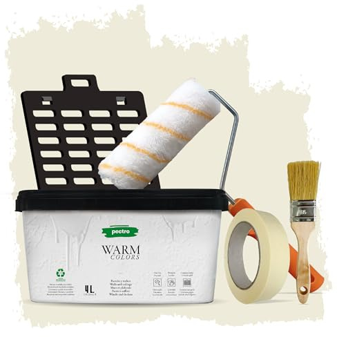 PECTRO Wandfarbe Innenfarbe 4L (6,3kg) inkl. Rolle, Pinsel, Gitter und Kreppband - One Coat, deckt in 1 Anstrich - farbige Farbe für Wände und Decken - matt & hohe Deckkraft