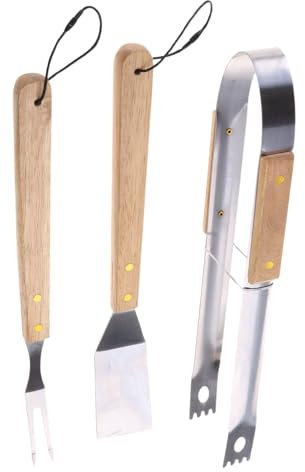 Set di utensili per barbecue in acciaio inox, con manico in legno, per campeggio, barbecue, spatole, forchette, pinze facili da usare