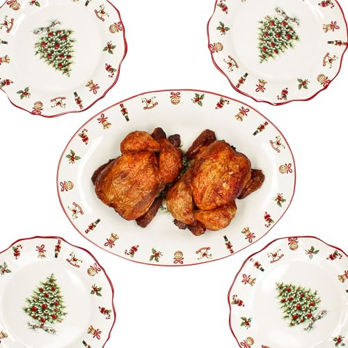 MamboCat Maestro Natale - Juego de 5 platos de cerámica italiana para 4 personas con decoración navideña, 1 fuente y 4 platos llanos para Navidad