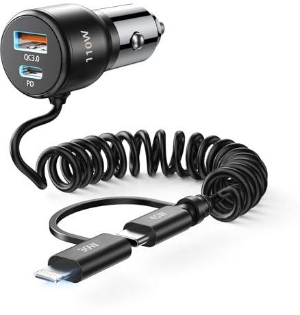 Caricabatteria da auto ricarica rapida 110 W Total USB C 65 W & USB A 45 W con 5 ft Spirale C e L cavo caricatore accendisigari auto per iPhone 16 15 14 13 12 11Pro MAX Mini Samsung S22 S21 Note Pixel