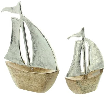 FRANK FLECHTWAREN Segelboot Sailing, 2er Set, Aluminiumguss, Mangoholz, naturbelassen Maße: 10 x 14 cm, 13 x 18 cm