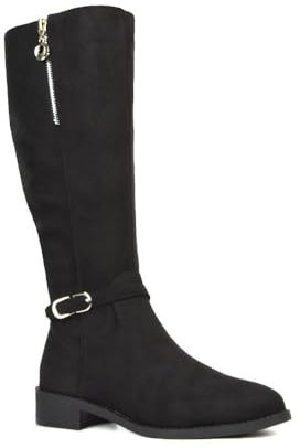 ESSEX GLAM Women's Knee High Boots Flat Low Heel Ladies Zip Calf Leg Black Faux Suede Biker Riding Shoes Size 5