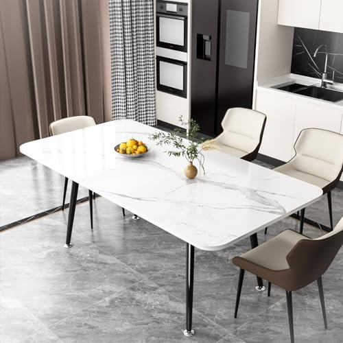 NIUTN Esstisch 160 cm Weiß aus Sinterstein，Modern Marmor Küchentisch für 6-8 Personen，Minimalistischer Esstisch Beine aus Bronze Karbonstahl Einfache Installation (605-160)