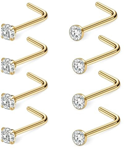IKOPFLN 8 Stück 14K Gold 20G Nasenpiercing Chirurgenstahl Nasenpiercing Stecker Zirkonia Gerade Schraube L-Förmiger Nasenstecker 2mm