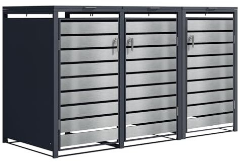 Phoenix GB3320ASK Silver Effect Triple Wheelie Bin Store, Lockable Metal Bin Store, Weather-Resistant, Soft-Close Lid, Gas Pressure Springs, Outdoor Rubbish Shed, Size: 80 D x 200 W x 116 H cm