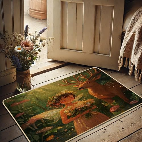 Spring Fairy Fußmatte, grüne Flora, Fußmatte für Innen- und Außenbereich, dekorativer Teppich, Gummi, rutschfest, wasserabweisend, staubabsorbierend, leicht zu reinigen, 73 x 43 cm