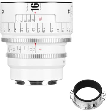 Obiettivo cinematografico manuale professionale full frame 7artisans 16 mm T2.5 serie Infinte, compatibile con attacco EF per fotografia e riprese video, bianco