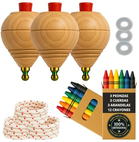 Set di 3 Trottole in Legno per Bambini | + 6 Pastelli a cera + 2 Rondelle, Fatto a Mano in Spagna, Punta Arrotondata.