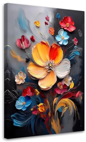 Feeby Leinwand Bilder - Bild Wohnzimmer - Bunte Gemalte Blumen - 40x60 1tlg - Deko Schlafzimmer Groß - Dekoration Canvas - Gemälde - Modern Wandbilder - Kunstdruck