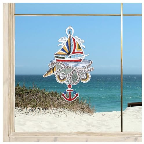 Fensterbild Meeresbrise Segelboot Vogtländische Spitze maritim - Badezimmer-Deko als gestickter Anhänger mit Muscheln und Anker - Spitzenbild Schiff auf dem Meer Höhe x Breite 19 x 12 cm