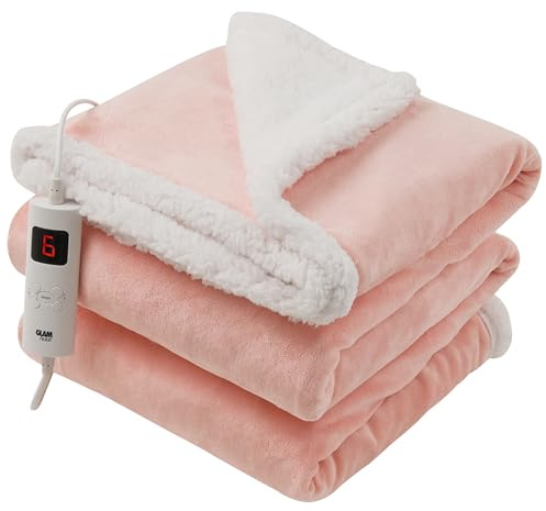 GlamHaus Luxury Electric Heated Throw, Large Reversible Fleece Over Blanket for Sofa or Bed, 160 x 130cm, Heat And Timer Setting, Auto Shut Off, Digital Controller, Machine Washable (Light Pink)