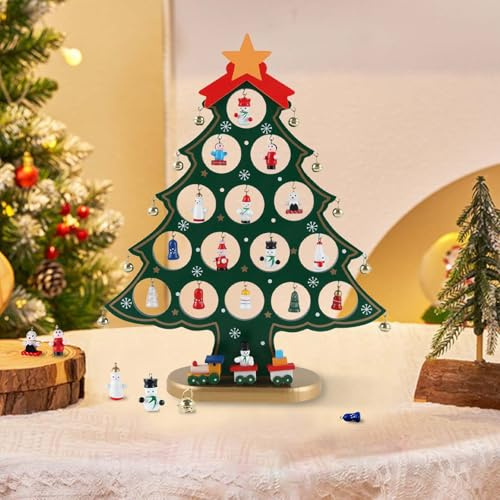 Himissy Sapin de Noël en Bois avec 24 Ornements, Calendrier de l'Avent Bois Sapin 2025, Compte à Rebours de 24 Jours pour Enfants, Décoration de Table Festive pour Maison et Bureau