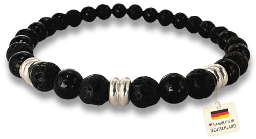 happymaker - Bracciale Uomo Nero, Tormalina, Pietra Lavica e Argento Sterling, Bracciale con Perle Uomo Nero con Vere Gemme Sferiche Elastiche, Fatto a Mano in Germania (21 ccm)