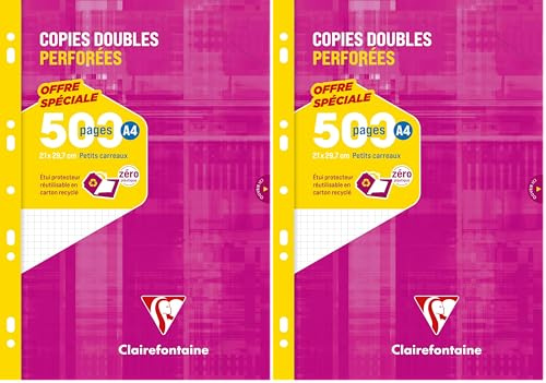 Clairefontaine 14792C Un Étui de Copies Doubles Perforées - A4 21x29,7 cm - 500 Pages Petits Carreaux - Papier Blanc 90 g - Étui Réutilisable (Lot de 2)