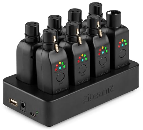 BeamZ Wireless DMX System Set – 7x Empfänger & 1x Sender mit Akku – Inklusive Ladestation für XLR Lichtsteuerung – Kabellose EazyLink Funk Übertragung für DJ Moving Heads & Bühne