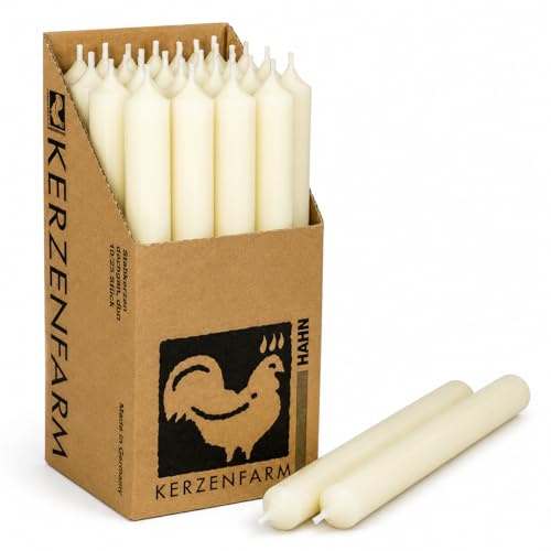 Extra lange Stabkerzen Creme – 25 cm (250 mm) – Ø 2,2 cm – durchgefärbt & tropffrei – Made in Germany – Kerzenfarm Hahn – 12 Std. Brenndauer – wählbar 10 oder 25 Stück (10, Creme/Elfenbein)