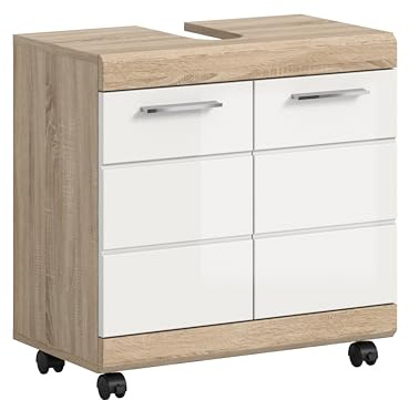 xonox.home – Waschbeckenunterschrank Lambada 60x60x34 cm in weiß Hochglanz/Sonoma Eiche hell – Mobiler Badschrank auf Rollen mit viel Stauraum für Pflegeprodukte – modern & schick
