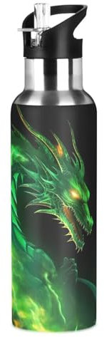 JUMBEAR Green Flame Dragon Water Bottle Acuum Insulated Stainless Steel Leakproof Wide Mouth with Straw Lid for Fitness Gym and Outdoor Sports 22OZ
