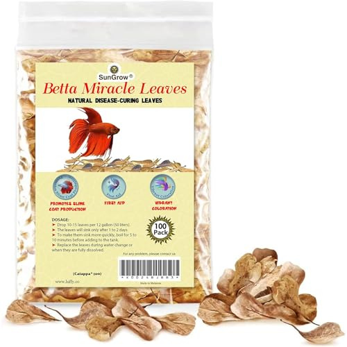 SunGrow Betta Fin Rot Medicinal Leaves, Aquarium Water Conditioner, Dried Indian Almond Leaves for Fish Tank, Create Blackwater Environment, Lower pH, Reduce Stress