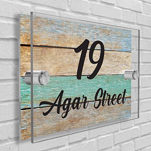 Personalised House Number Plaque in Rectangle shape Glass Effect Acrylic Sign Door Plate Wall Display in Premium Quality 2 Part Acrylic- Choose Your Own Design & Font (Wooden Theme)