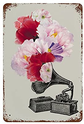 Vintage Blechschild Blumen Grammophon Retro Schilder Dekoration Retro Nostalgie Blechschild Lustig Dekoratives Schild für Wanddekoration 30,5 x 20,3 cm
