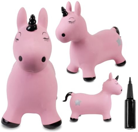 sun baby Hüpftiere ab 1 Jahr mit Pumpe aufblasbares Hüpfspielzeug aus Hochwertigem und Strapazierfähigem Gummi, Verschiedene Designs (Rosa Einhorn Mit Schwarzem Horn)