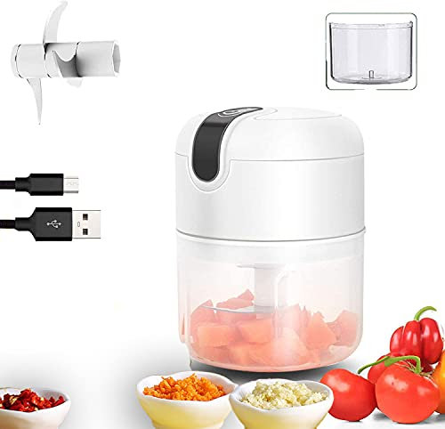 Akku Mini Zerkleinerer Praktisch,250ml Mini Knoblauchhacker Elektrisch Zwiebelschneider mit 3 Scharfen Klingen Gemüse,Obst,Fleisch,Babynahrung,Tiernahrung etc. mit (USB-Aufladung) (Weiß)