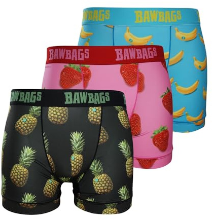 Bawbags Fruit Bowl Polyester Boxer Shorts 3 Pack - Mens Boxers - Breathable 95% Polyester Stretch Fabric - Rude Funny Underwear for Men - Comfortable Stylish Novelty Underpants Funky Printed Gift