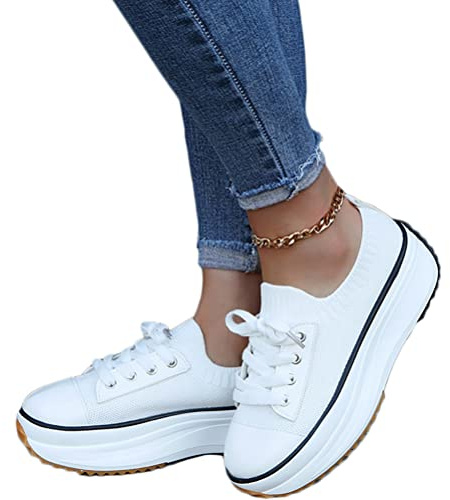 Onsoyours Baskets Plateforme Chaussures de Toile Femme Baskets Plateforme Chaussure de Sport Marche Fitness Sneakers Basses Printemps et Automne Blanche 36 EU