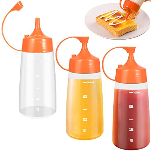 3 Stück Squeeze Flasche aus Kunststoff, 300 ml Quetschflasche mit Kappen, Saucenflasche Condiment, Sauce Flaschen Spender, Dosierflaschen für Dressing, Ketchup, Scharfe Soße, Olivenöl