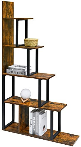PADMA HOUSE Bücherregal mit 5 Regalen, L-Form, freistehende Leiter, Eck-Bücherregal, Gestaffeltes offenes Bücherregal, Mehrzweck-Aufbewahrungsregal (Retro-Braun)