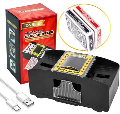 FONBEAR Automatischer Kartenmischer mit 2 Decks, USB- und batteriebetriebener elektrischer Mischpult (Spielkarte im Lieferumfang enthalten), ideal für Zuhause und Turnier für klassische Poker- und