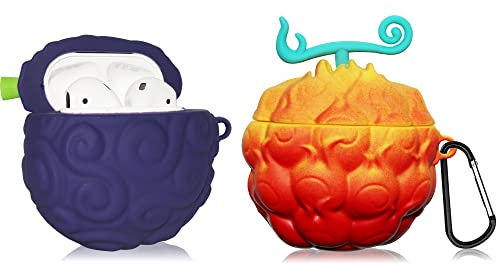 [2er-Pack] Obst-Abdeckung für AirPods-Hülle, niedlich, 3D-Cartoon-Silikon-Schutzzubehör-Set für Teufel, Obst, AirPod, 1. / 2. Generation, Hülle für Jungen, Mädchen (lila und rot, gelbe Teufelsorbst)